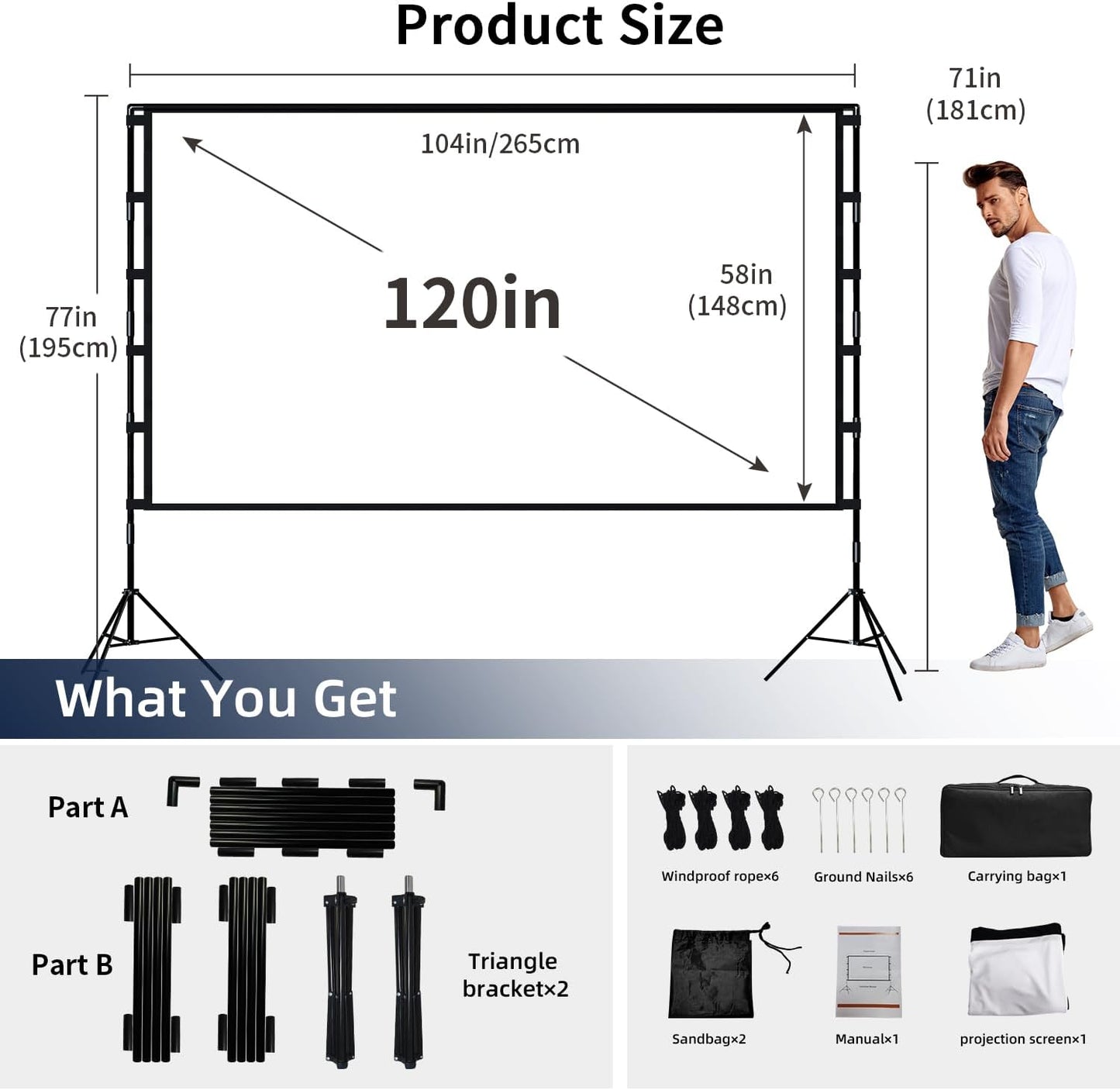 Projector Screen and Stand, Wootfairy 120 inch Foldable and Portable Projection Screen 16:9 4K HD Rear Front Wrinkle-Free Movie Screen with Carry Bag for Indoor Outdoor Home Theater Backyard Cinema