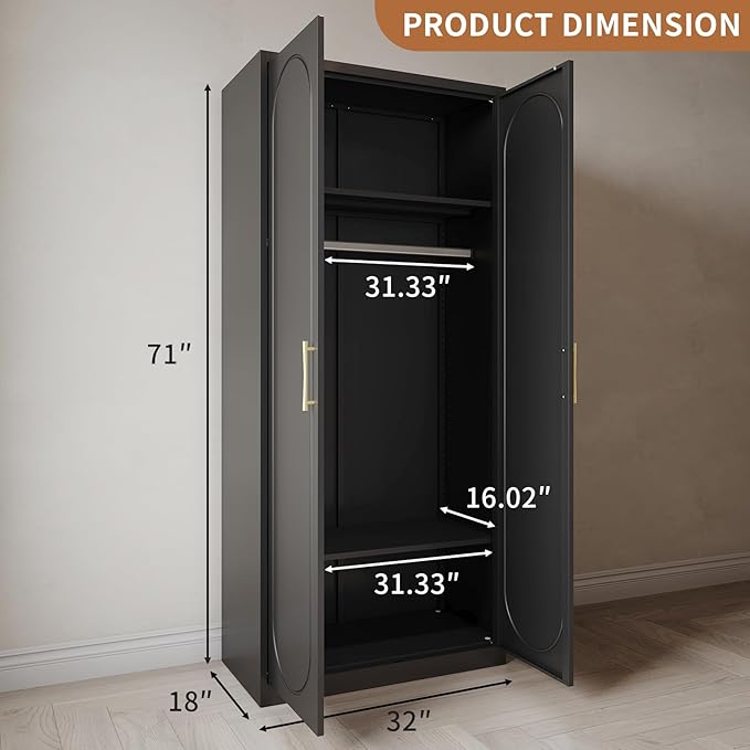 Metal Armoire Wardrobe Closet with Doors and Shelves, 71" Tall Wardrobe Closet with Hanging Rod, Freestanding Clothes Cabinets, Large Wardrobes for Bedroom, Black, Assembly Required