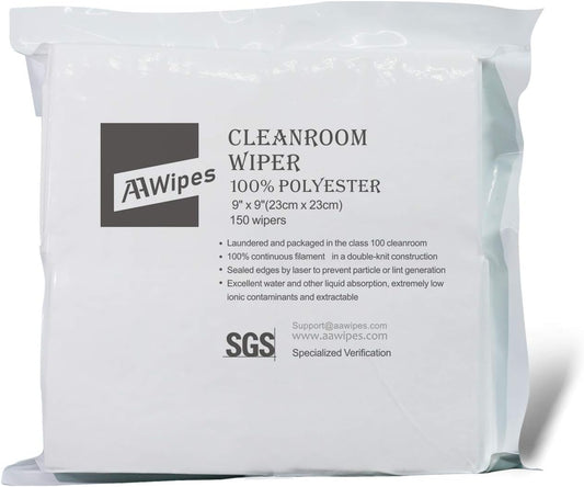 AAWipes Cleanroom Cloth Wipes 9"x9" (Bag of 150 Pcs) Double Knit 100% Polyester Wipers Lint Free Cloths with Ultra-fine Filaments, Laser Sealed Edge, Class 100 Cloths, Ultra-soft Wipes CP14009