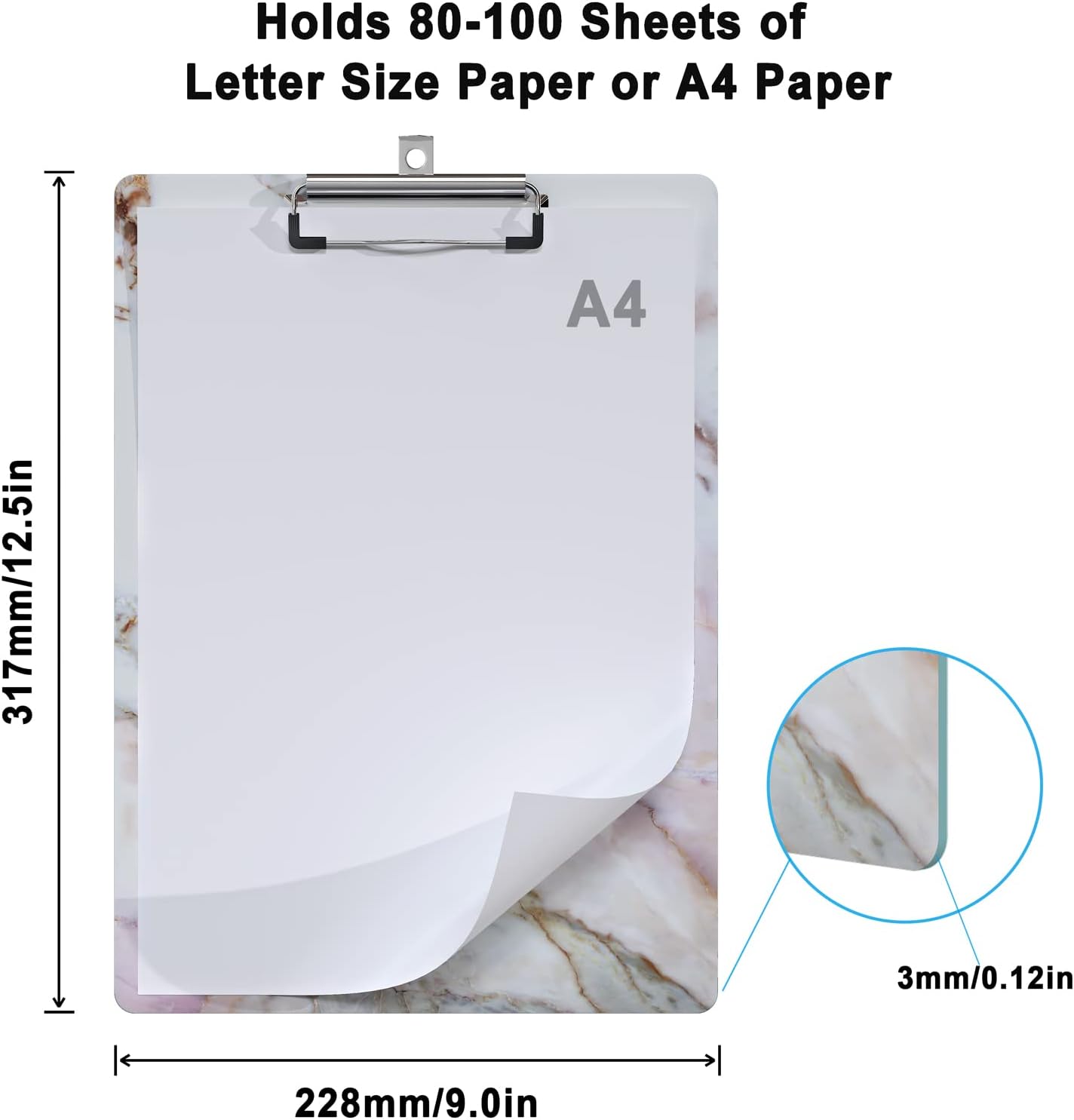 Cute Clipboard Wood Design Decorative A4 Letter Size Clipboards for Office, Standard Size 9" x 12.5" with Low Profile Metal Clip - Colorful Marble