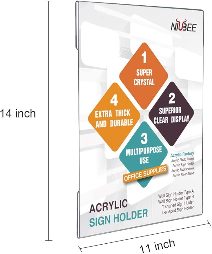 Niubee 11x14 inch Wall Mount Acrylic Sign Holder with Double Sided Adhesive Tape for Office, Home, Store, Restaurant, No Drilling - Vertical (6 Pack)