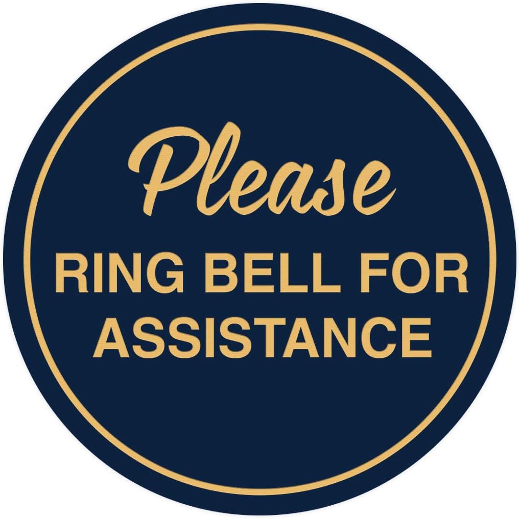 Signs ByLITA Circle Please Ring Bell For Assistance Wall or Door Sign | Easy Installation | Front Desk Reception Sign (Navy Blue/Gold) - Small (10 Pack)
