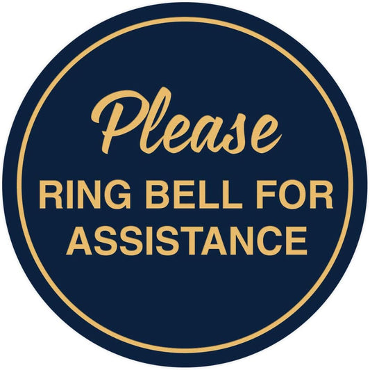 Signs ByLITA Circle Please Ring Bell For Assistance Wall or Door Sign | Easy Installation | Front Desk Reception Sign (Navy Blue/Gold) - Small (10 Pack)