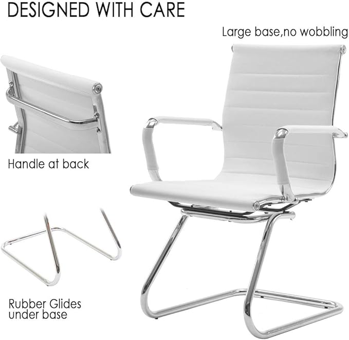 Reception Chairs Leather Conference Chairs No Wheels Back Support Heavy Duty Office Guest Chair, Set of 2 (White)