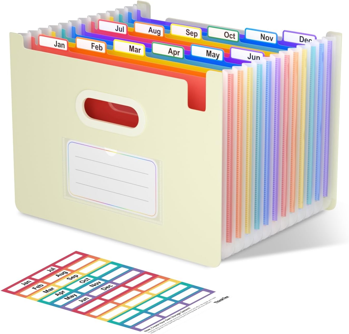ThinkTex Accordion File Organizer, 12 - Pocket Expanding File Folders Upright & Open Top,for Paper Receipts, Bills&Taxes Organizer, Letter/A4 Size for School, Office, Home with tab- Beige Color
