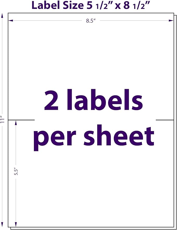5.5" x 8.5", 100 Sheets, 200 Printable Half Sheet Labels, Blank Mailing Labels for Laser & Inkjet Printers, Letter Size