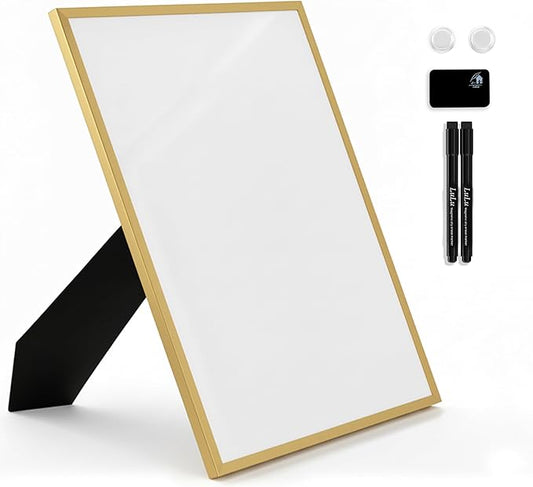 Small Whiteboard 12 x 16 Inch Magnetic Dry Erase Board with Stand & Wall Mount | Gold Aluminum Frame | Desktop Board for Home, Office, Reception, Events | 2 Markers, Eraser & 2 Magnets