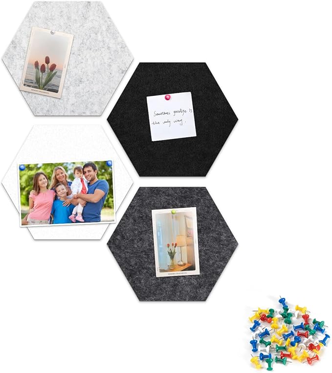 12" Large Bulletin Board with 15 Push Pins, Pack of 4 Hexagon Felt Pin Board Notice Boards for Home Office, Felt Wall Tiles for Photos Memos (Black Grey)