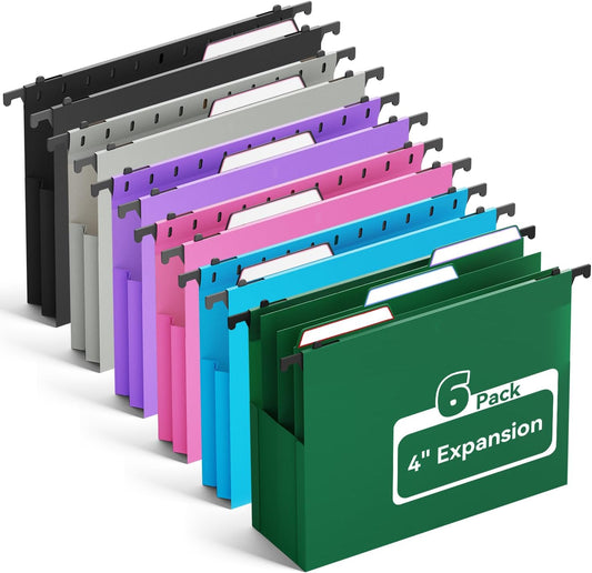 Ansook Plastic High Capacity Hanging File Folders,Heavy Duty 4”Expansion Accordian Pocket,Staggered Tabs with Movable Dividers,Reinforced Extra Wide, Letter Size,Folders for Filing Cabinet,6 Pack