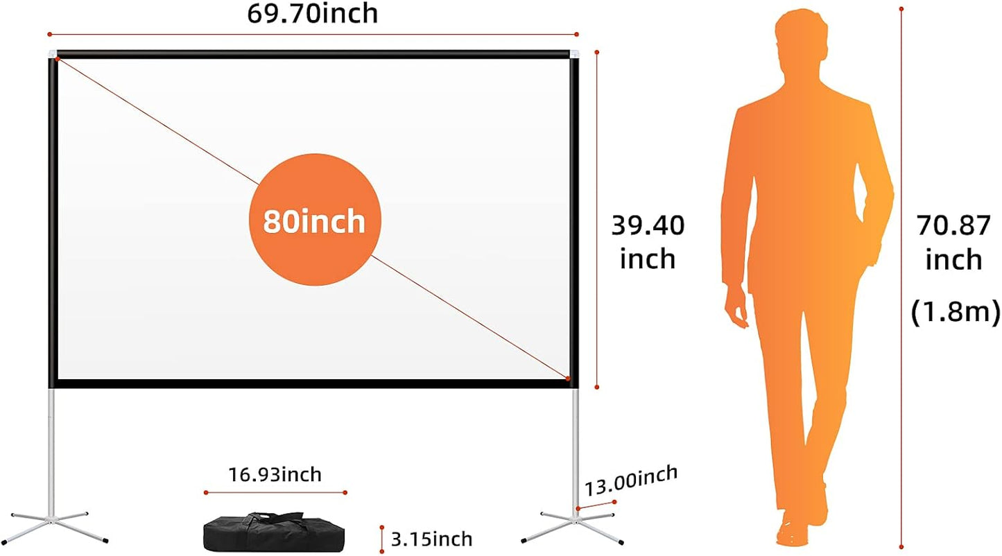 Portable Projector Screen with Stand Outdoor: Camping Projection Screen 80 inch 4K Movie Screen for Home Backyard Indoor 16:9 HD Night