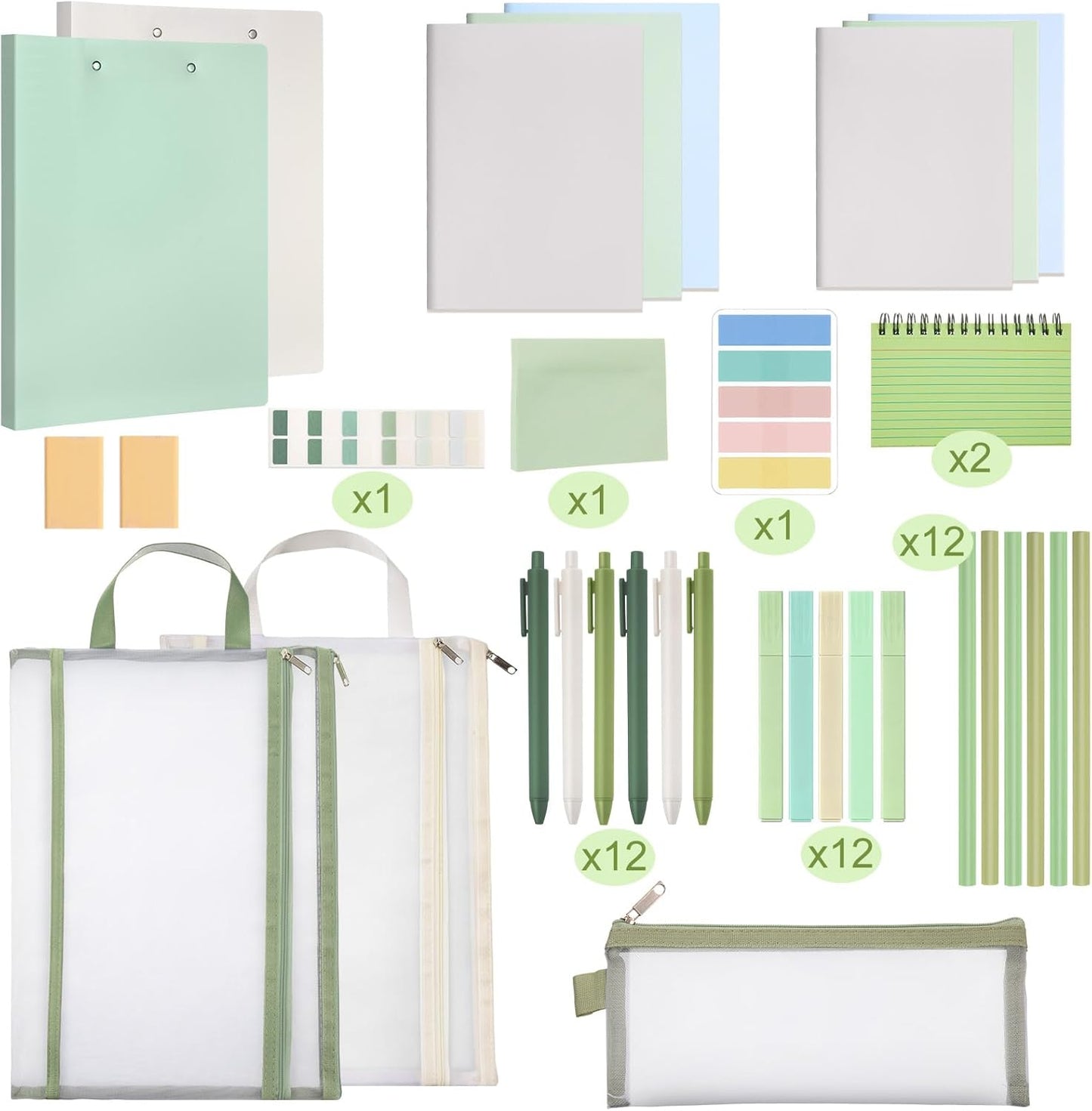 Colarr 54 Pieces Aesthetic School Supplies Including Pastel Highlighters Document Bags Pencils Notebooks Pencil Pouch Ink Pens Sticky Notes Erasers Back to School Gift Stationary Kit(Green)