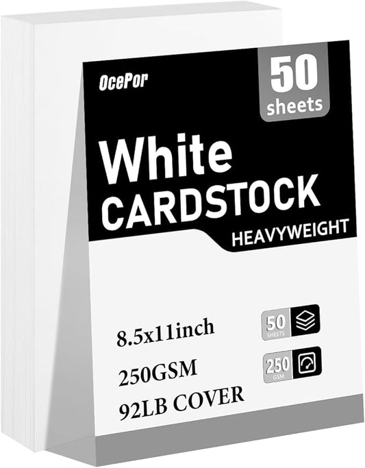 OcePor 50 Sheets White Cardstock 8.5 x 11, 92lb/250gsm Card Stock Paper, Thick Printer Cardboard Paper, Heavy Cardstock for Invitation, Resume, Certificate, Business Cards, Office