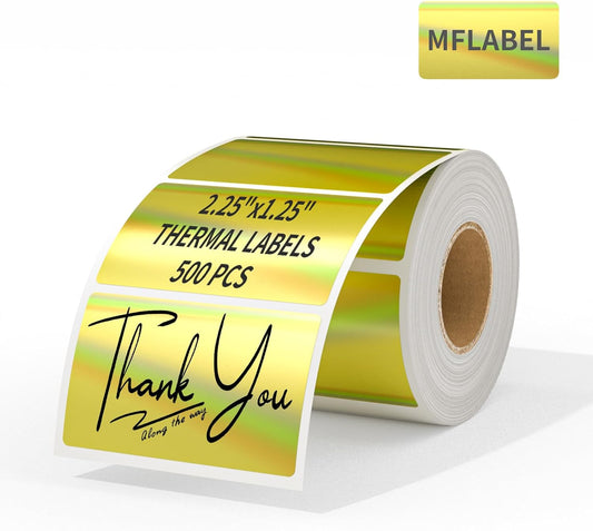 MFLABEL 2.25" x 1.25" Holographic Gold Thermal Labels, 500pcs Waterproof Self-Adhesive Printable Stickers for Thermal Printers, Small Business Logo, Barcode, Packaging