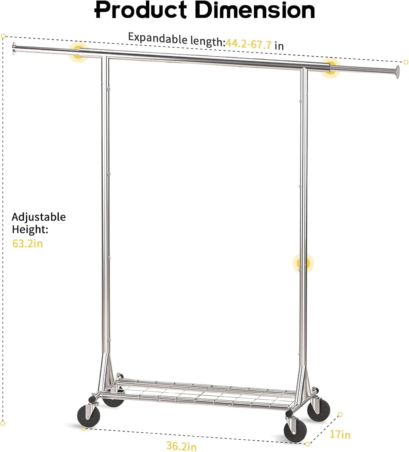 Clothing Garment Rack Capacity 550LBS Rolling Clothes Rack on Wheels - Heavy Duty Collapsible Commercial Storage Organizer - Mobile Clothes Rack with Multifunctional Design (Silver)