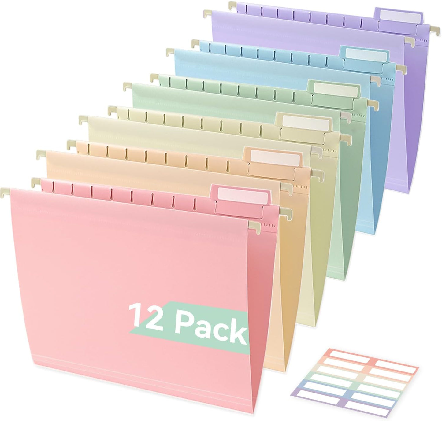 Plastic Hanging File Folders, Letter Size, 12 Pack Pastel Hanging Folders, with Insertable 1/5-Cut Tabs for Filing Cabinets