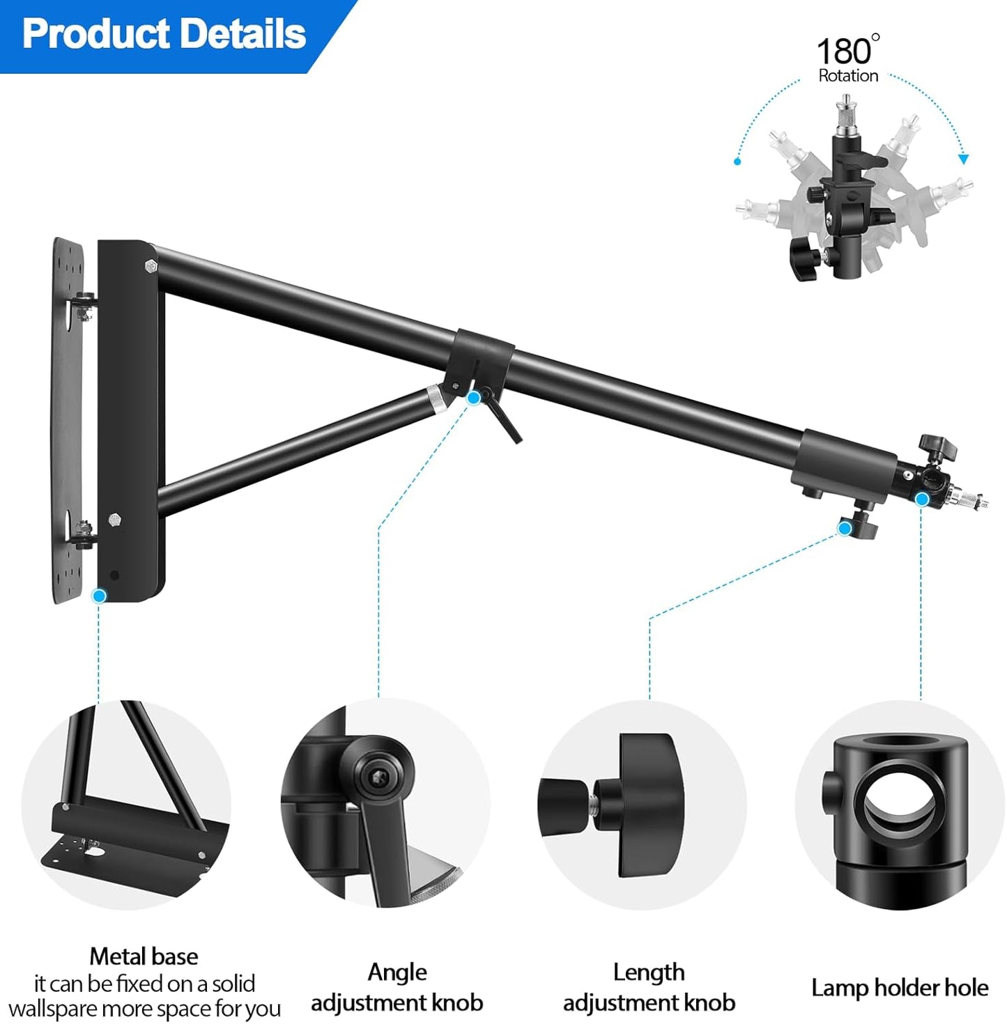 Wellmaking Wall Mount Triangle Boom Arm 53inch/135cm Length Adjustable Support 180° Flexible Rotation, Up to 4.26ft. With Tilt Adapter Light Stand with Standard 1/4 to 3/8 Metal Male Screw Photography