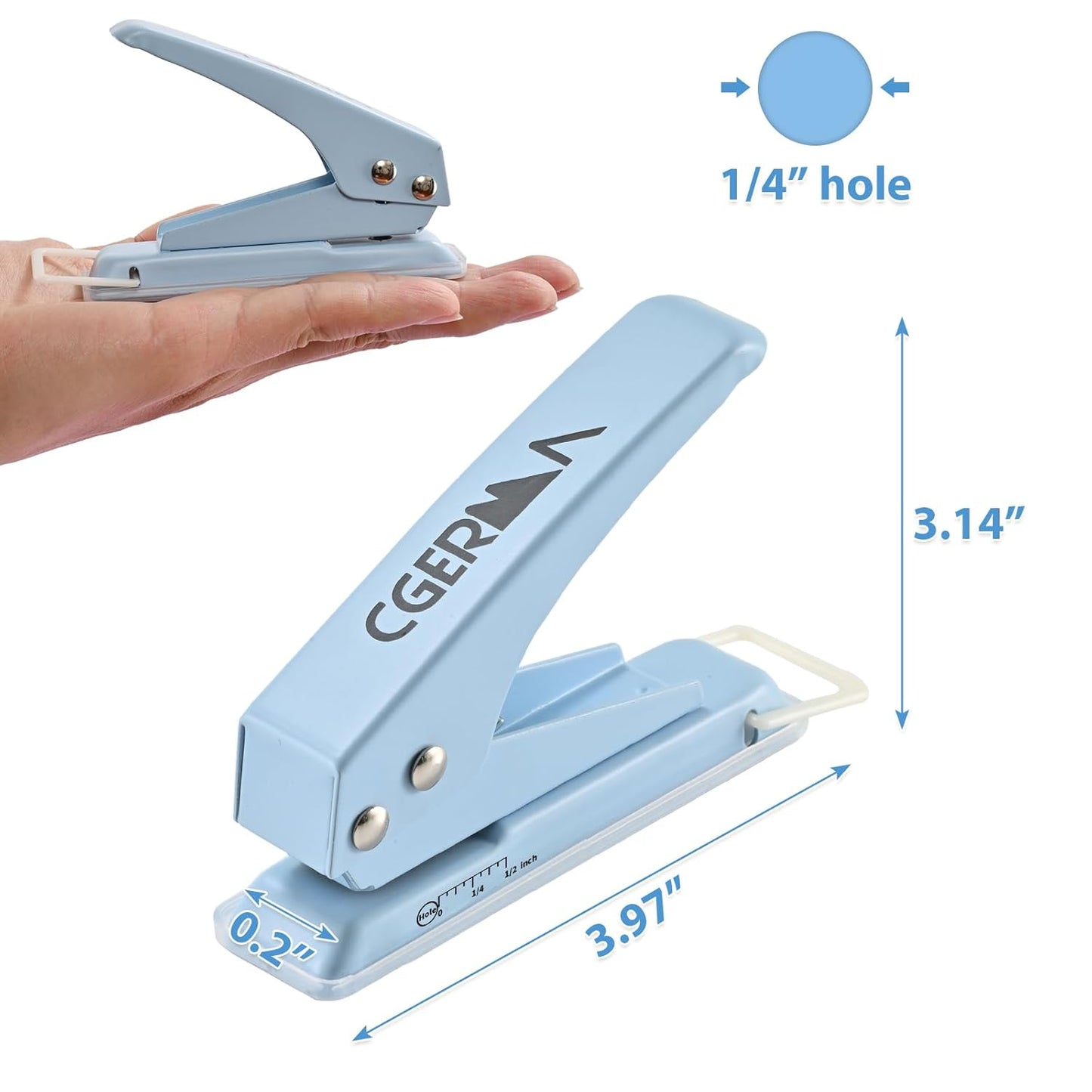 Single Hole Puncher, 1/4" Hole, 50% Labor Savings, Heavy Duty Metal Punch, 15 Sheet Capacity, for ID Cards, Chipboard, Art Project, Crafts Easy Punching, Blue