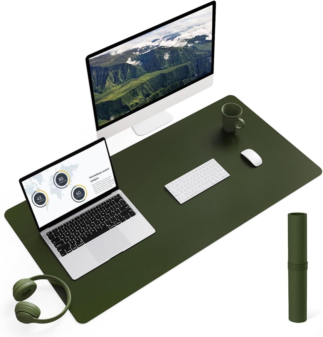 YSAGi Non-Slip Leather Desk Pad L Size, Waterproof Laptop Computer Desk Keyboard Mat, Table Protector Blotter Mat, Large Mouse Pad for Office/Work/Home/Decor(Olive Green, 35.4" x 17")