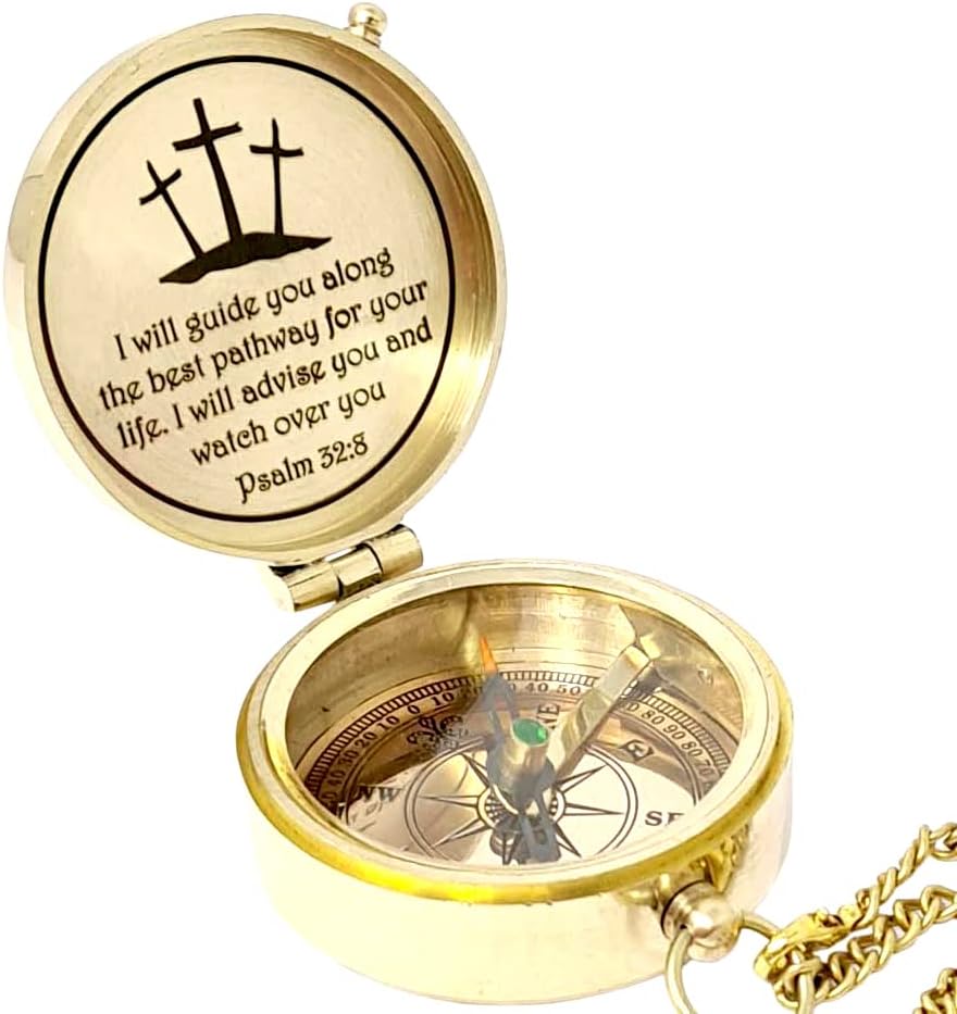 Brass Compass Engraved with Religious Scripture Verse - Ideal Gift for Son, Grandson, Daughter - Perfect for Baptism, Communion, Church and Graduation Day Present