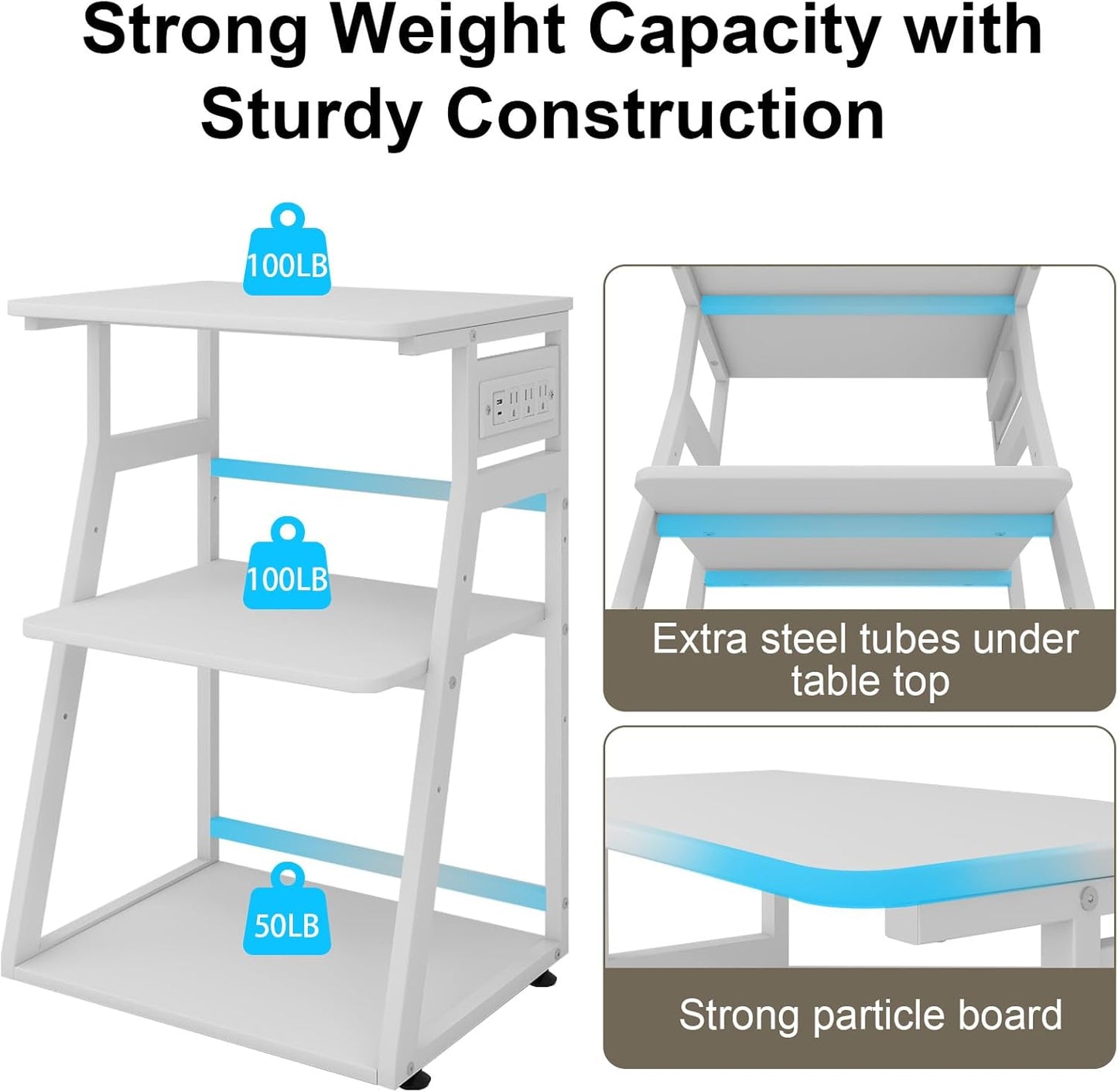 Natwind 23.6"x19.7" Large Printer Stand,3 Tier Printer Table with Charging Station, Rolling Cart with Adjustable Storage Shelf for Home Office Organization, Stand for Heat Press,3D Printer (White)