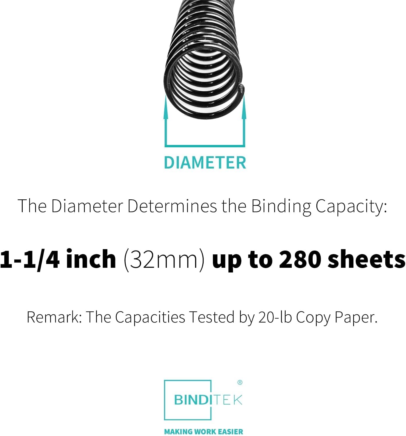 Binditek 50 Pack Plastic Spiral Binding Coils, 32mm (1-1/4"), 280 Sheet Capacity, 4:1 Pitch, Black, 48 Loops, for Letter Size, for Students and Coworkers