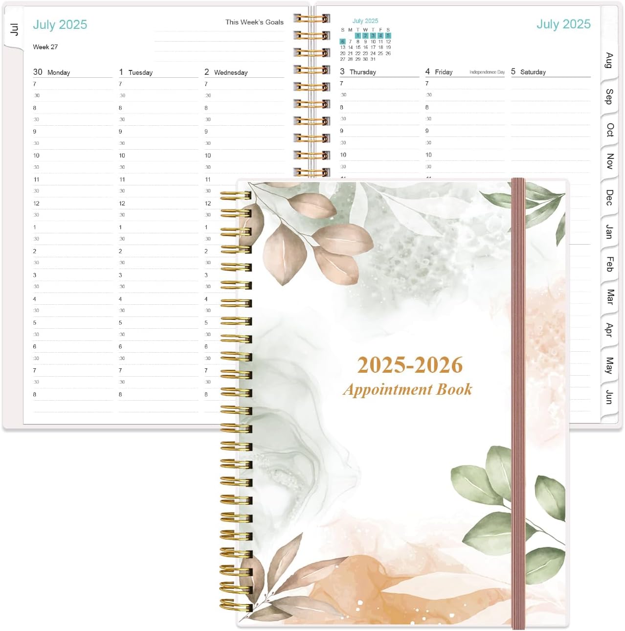 2025-2026 Appointment Book & Planner - 2025-2026 Daily Hourly Planner from July 2025 - June 2026, Weekly Appointment Book with 30-Minute Interval, Medium 6.4" x 8.5", Rose Leaf