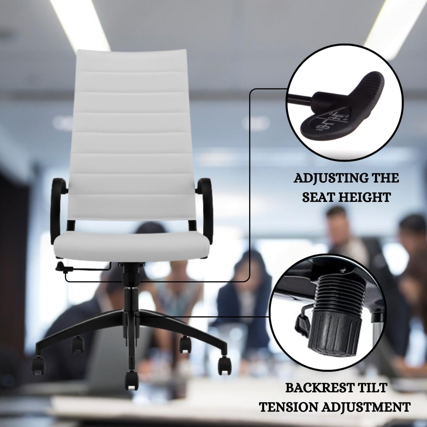 Ribbed High Back Conference Room Chairs - Lumbar Support, Modern Executive Home Office Chair - White Leather Seat & Black Aluminum Frame