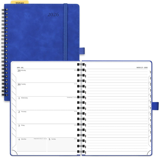 POPRUN 2026 Planner Weekly Notebook (Jan-Dec), Medium 8.5''x 6.5'' - Agenda 2026 Calendar Book with Monthly Tabs, Inner Pocket, Spiral Soft Cover, 100 GSM - Royal Blue