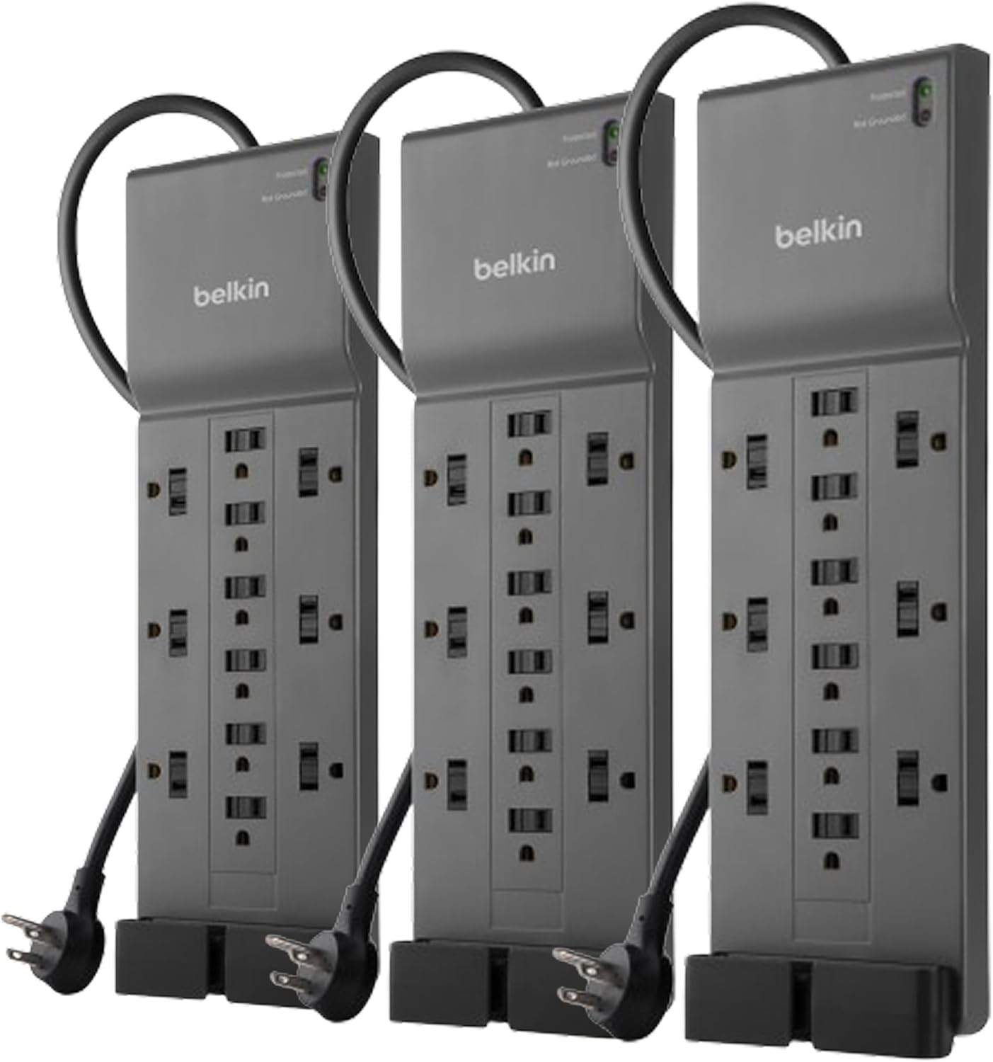 Belkin 12-Outlet Surge Protector Power Strip w/ 12 AC Outlets & 8ft Flat Plug, UL-Listed Heavy-Duty Extension Cord for Home, Office, Travel, Computer, Laptop, Charger - 3,940 Joules, Pack of 3