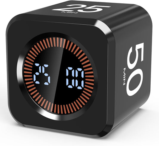 Pomodoro Timer Cube Visual Productivity Flip Timer for Kids Classroom Desk, 5/10/25/50min& Custom Countdown, Silent&Sound Mode Digital Cube for ADHD Study Work School Game Kitchen (Black)