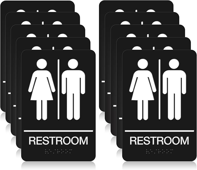 ADA Braille Unisex Restroom Signs for Business with Double Sided 3M Tape - ABS Plastic Gender Neutral Bathroom Sign 9” x 6”- Pack of 10 for Offices and Restaurants