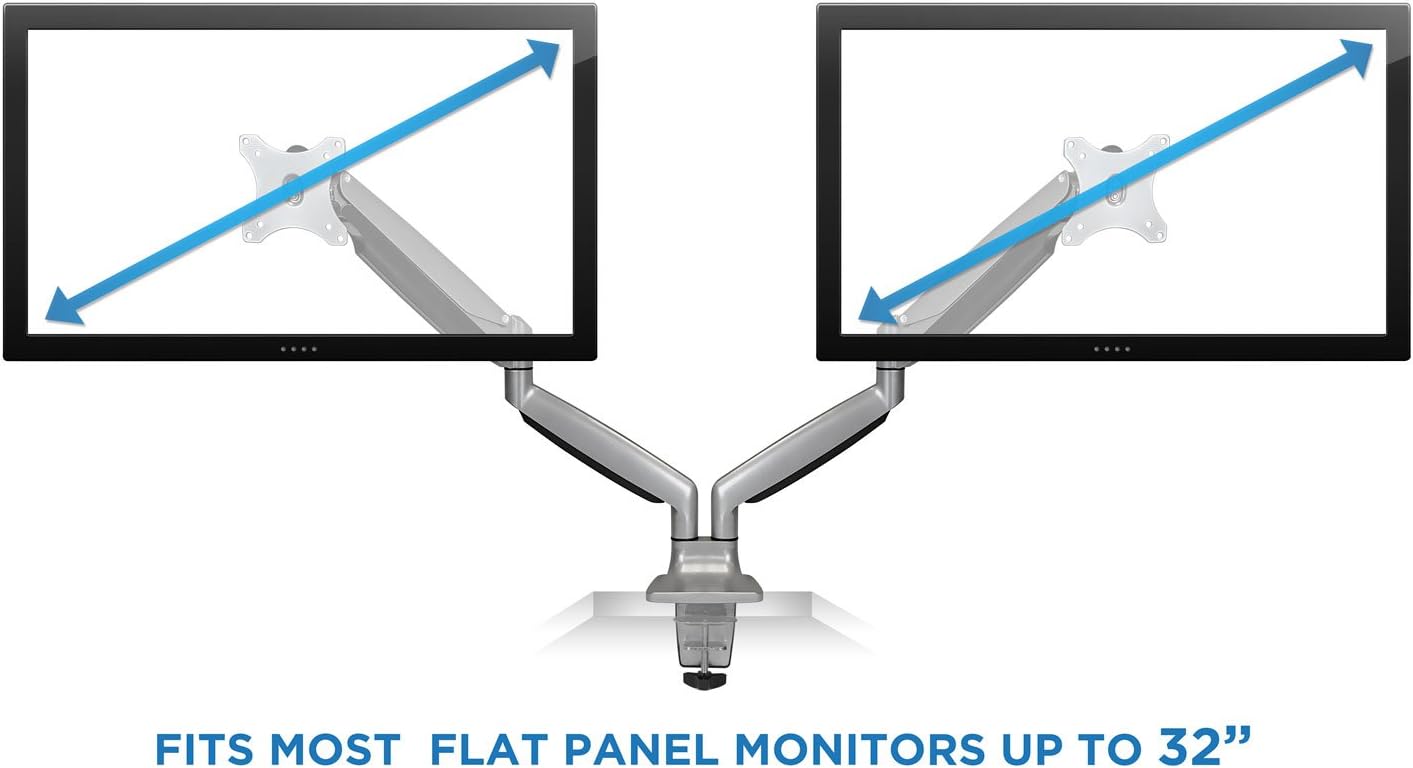 Mount-It! (MI-1772) Dual Monitor Arm Mount Desk Stand Two Articulating Gas Spring Height Adjustable Arms | Fits Up To 32" VESA 75 100 Compatible Screens | C-Clamp and Grommet Bases (Silver)