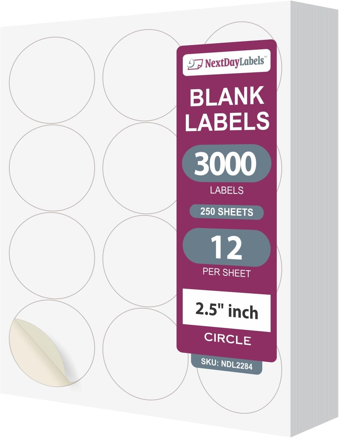 NextDayLabels - 2.5 Inch Round Sticker Labels (3000 Total) - Matte White Blank Laser/Inkjet Printer Labels - Circle Stickers (250 Sheets, 12 Per Sheet)