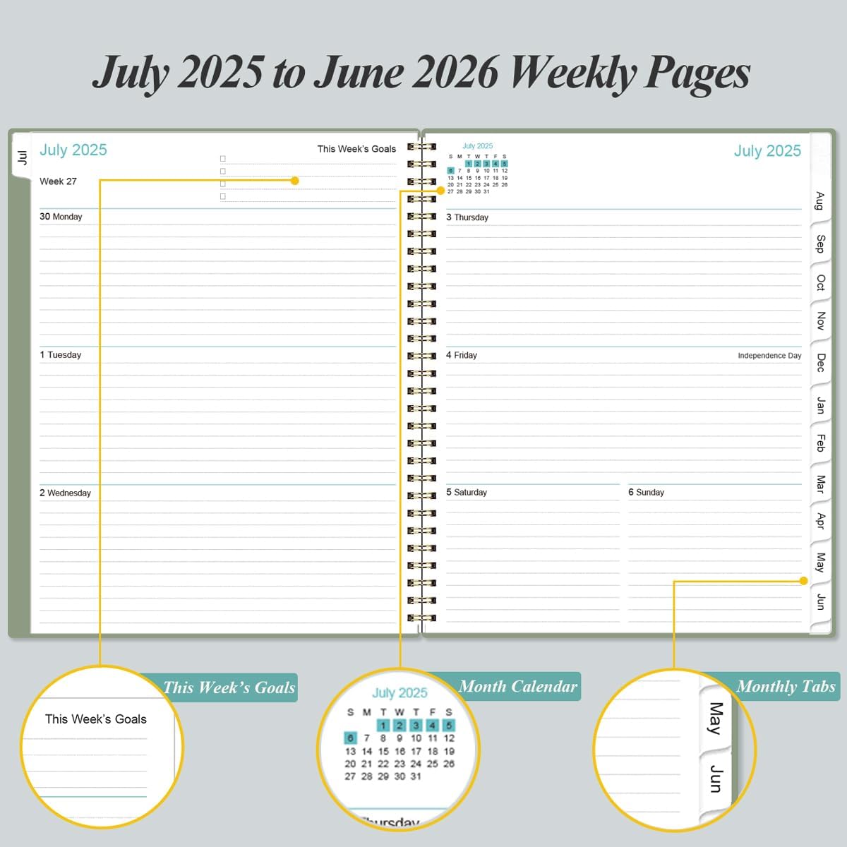 2025-2026 Planner - Academic Planner 2025-2026 from July 2025 to June 2026 with 12 Monthly Tabs, Flexible Cover, Inner Pocket, 8.5" x 11", Green