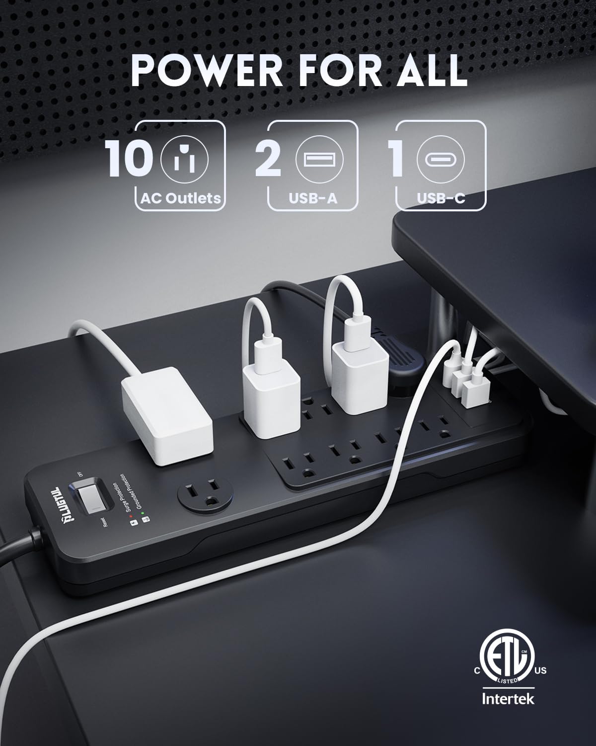 Surge Protector Power Strip 15FT, PLUGTUL Surge Protector with 10 Outlets - Spacious Design for Large Plugs, Flat Plug, 20W USB C Charging for Home, Office, ETL Listed, 2040J