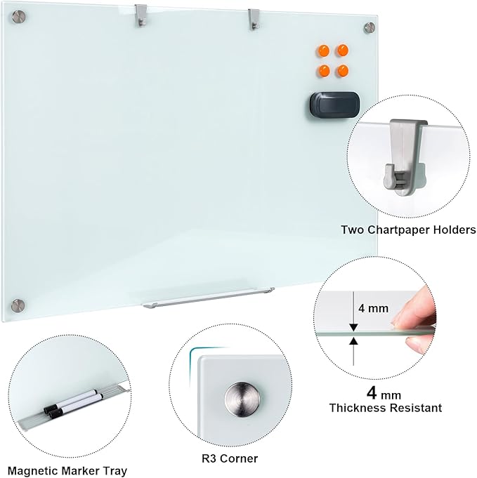 Glass Dry Erase Board, 36 x 24 Inches Magnetic Glass Whiteboard for Wall, 3' x 2' Frameless Board for Office, Home, School