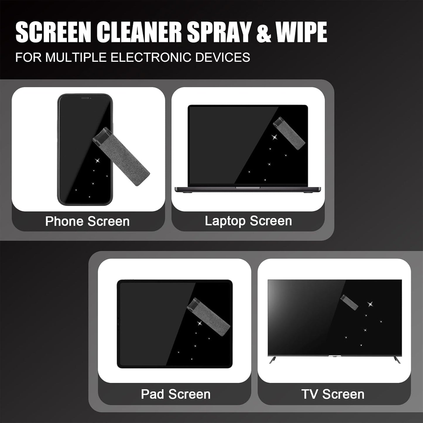 walrfid 2pcs Car Screen Cleaner, Computer Screen Cleaner Spray and Wipe, Laptop Cleaning Mist Kit for Electronic iPad, iPhone, Phone, MacBook, TV, Monitor, Tablet Display, with Graffiti Case, Grey