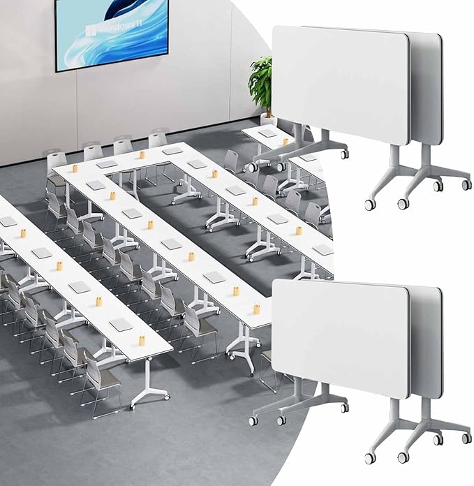Folding Conference Room Table, Modern Mobile Training Table with Wheels, White Foldable Seminar Meeting Tables for Office Corporations (4pack 55.1in)