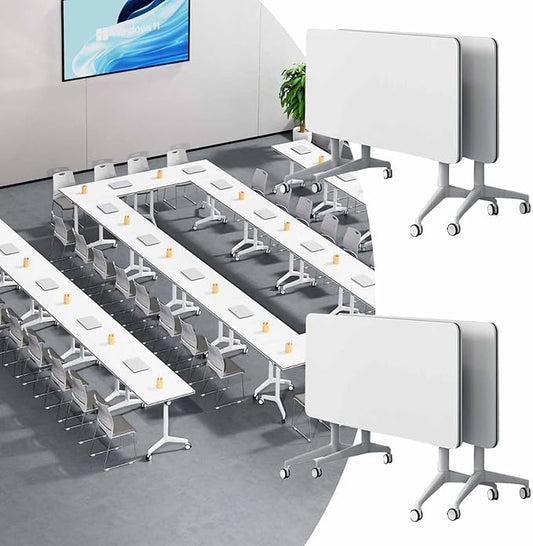 Folding Conference Room Table, Modern Mobile Training Table with Wheels, White Foldable Seminar Meeting Tables for Office Corporations (4pack 55.1in)