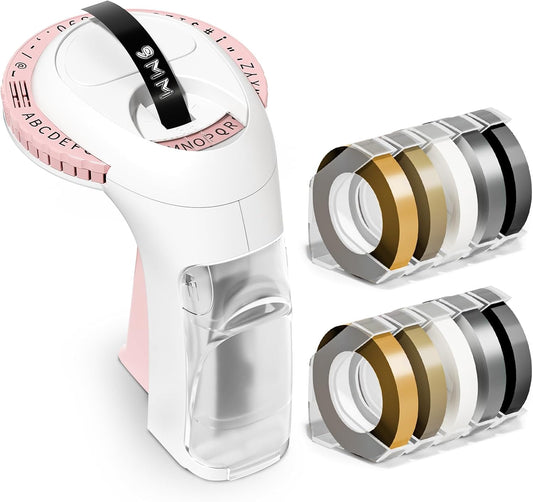 Label KINGDOM Pink Embossing Label Maker, Omega S Labeler with 10 Roll Embossing Label Tape, Vintage Handheld Embossed Label Printer for School Office Home Organization