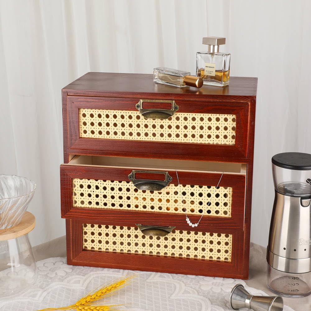Desktop Drawers Organizer Card Catalog Drawer Card Cabinet Small Wooden Drawers Vintage Wooden Box with Drawers Boho Desk Organizers Library Card Catalog Cabinet (RATTAN-BROWN)