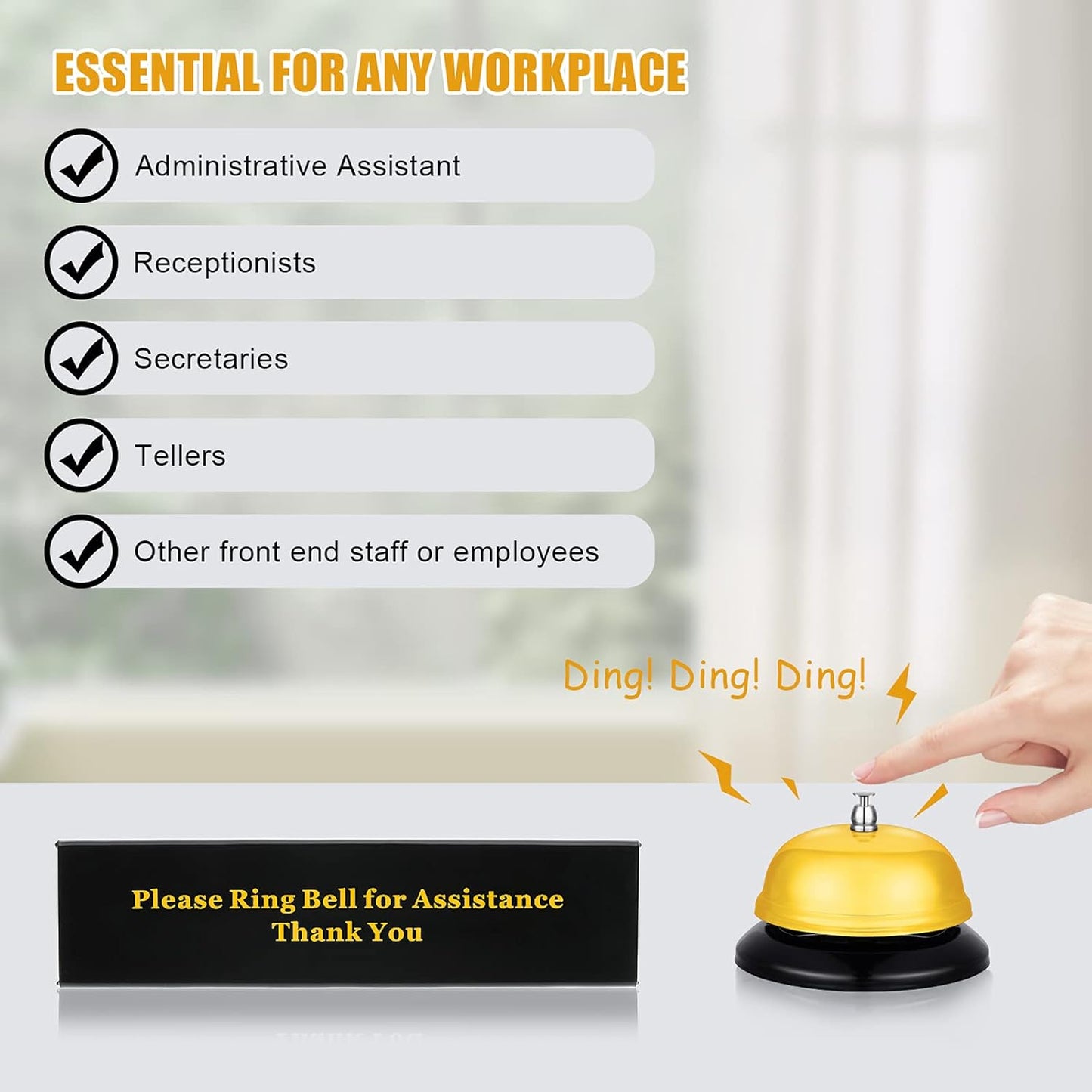 Boao Desk Service Dinner Bell Metal Silver Call Bell and Double Side No Receptionist Sign Please Ring Sign for Service Assistance for Hotel School Restaurant Reception Area(Yellow Bell)