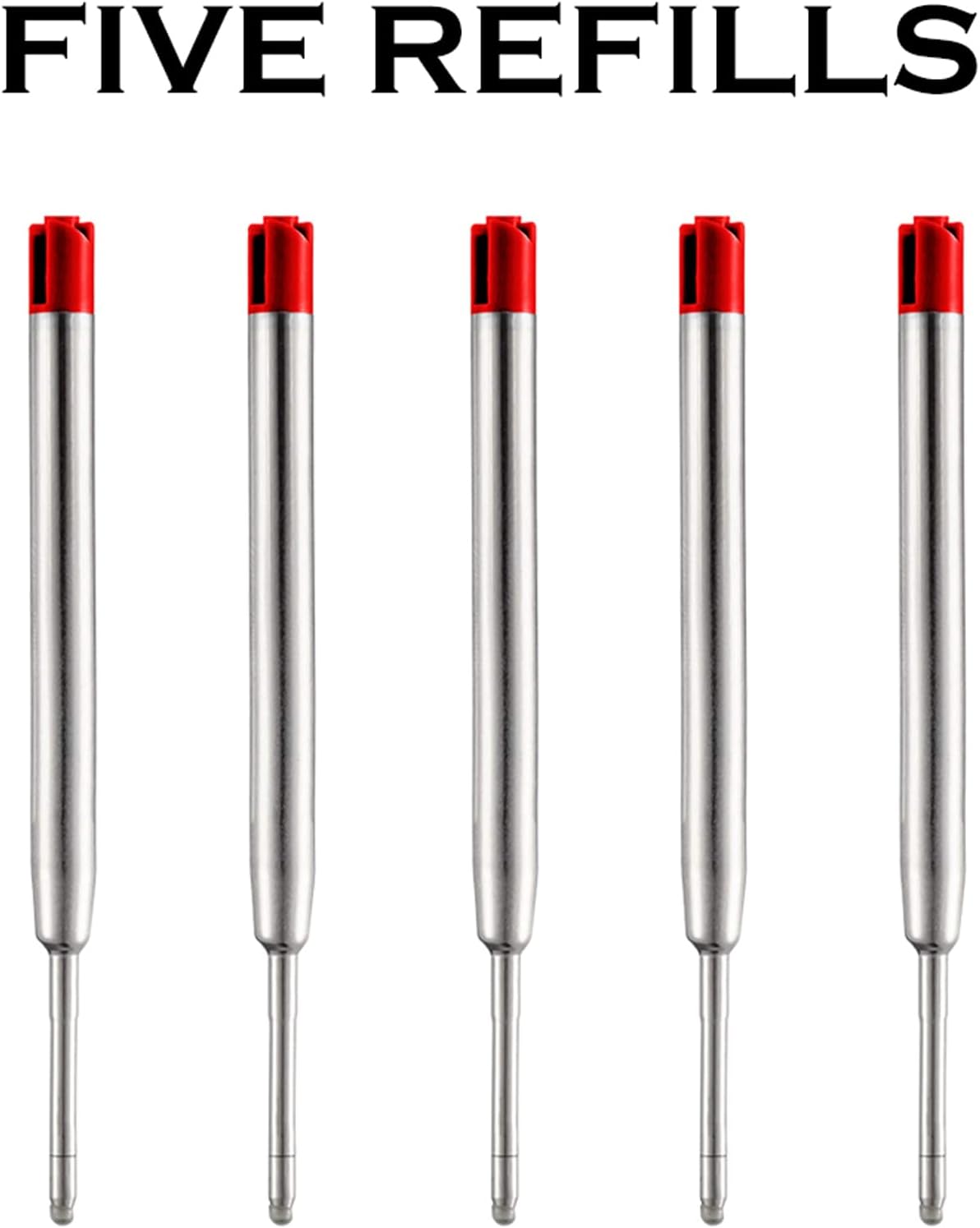 HeTaoCat Red Ink Refill Pack of 5, Replaceable Ballpoint Pen Refills, Medium Point Metal Refil (Red)