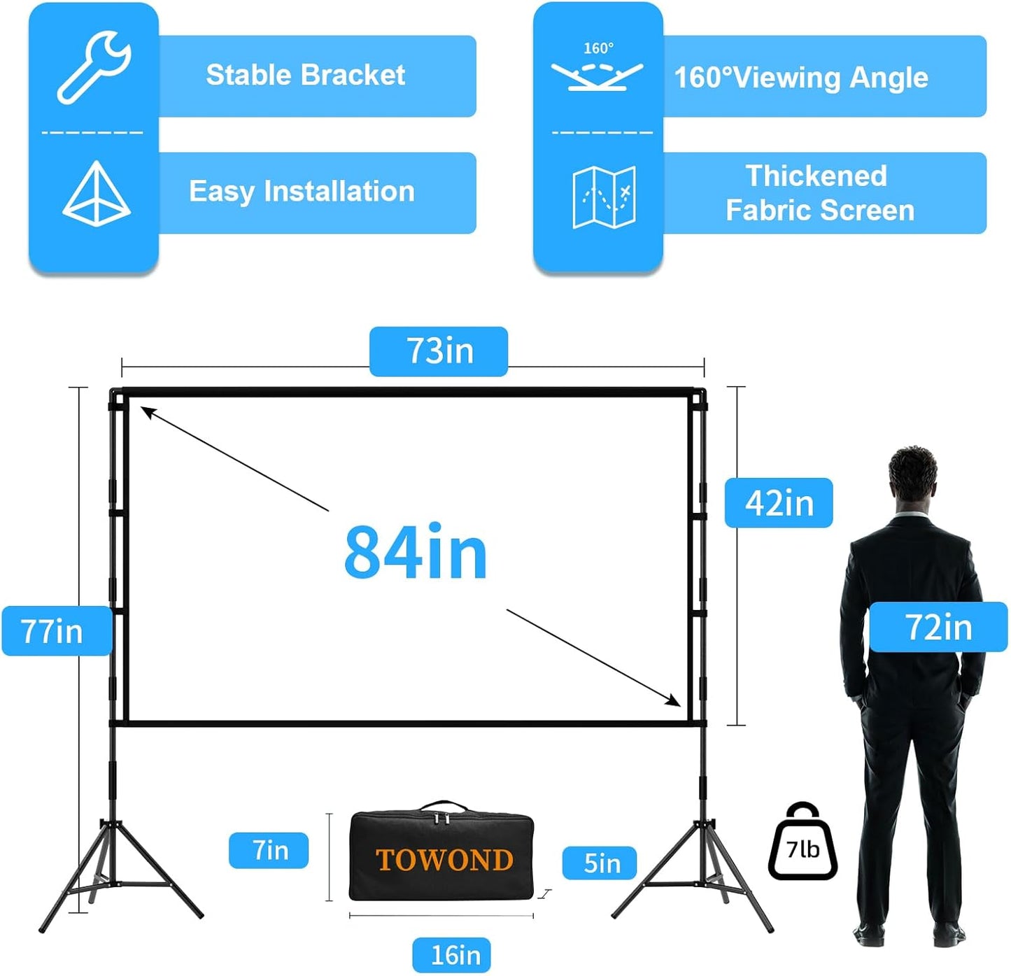 TOWOND Projector Screen with Stand, 84 inch Outdoor Projector Screen Portable Indoor Projection Screen 16:9 4K Rear Front Movie Screen with Carry Bag for Home Backyard Theater
