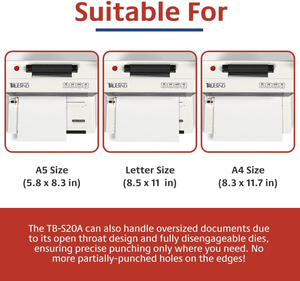 TruBind Coil Binding Machine with Electric Coil Inserter and Adjustable Side Margin | 20 Sheet Punch Capacity | Bind up to 440 Sheets | 46 Fully Disengageable Dies | 4:1 Pitch | 2-Year Warranty