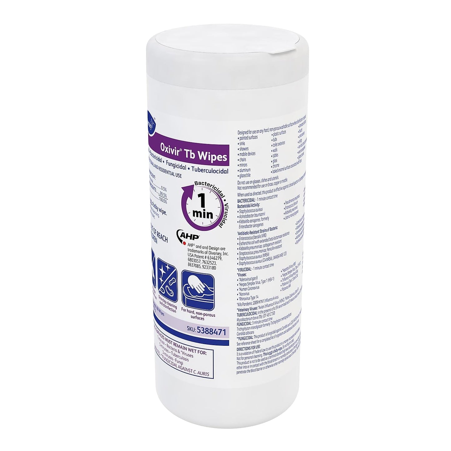 Oxivir Diversey Tb 5388471 Ready-to-Use Disinfectant Cleaning Wipes, Accelerated Hydrogen Peroxide, Large 7x8-Inch Sheets, 60-Wipes, 1-Slim Canister (Pack of 12)