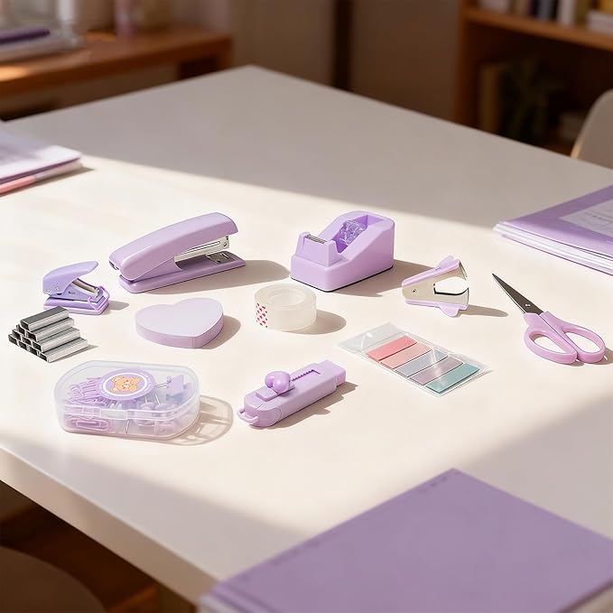 11pcs Desk Supplies Office Accessories for Women Clerks, Desk Accessories Colleagues, Purple Office Supplies with Stapler, Tape Holder, Scissors, Ruler, Staple Remover, Clips Set for School & Home