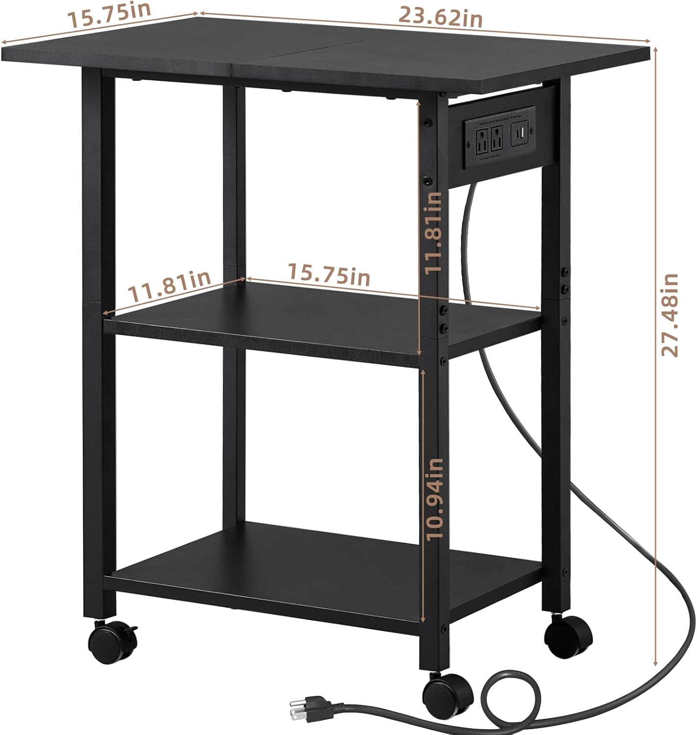 Lerliuo 3-Tier Printer Stand with Charging Station, Industrial Mobile Printer Table with Storage Shelf and Steel Frame, Rolling Printer Cart Holder with Lockable Wheels for Home, Office (Black)