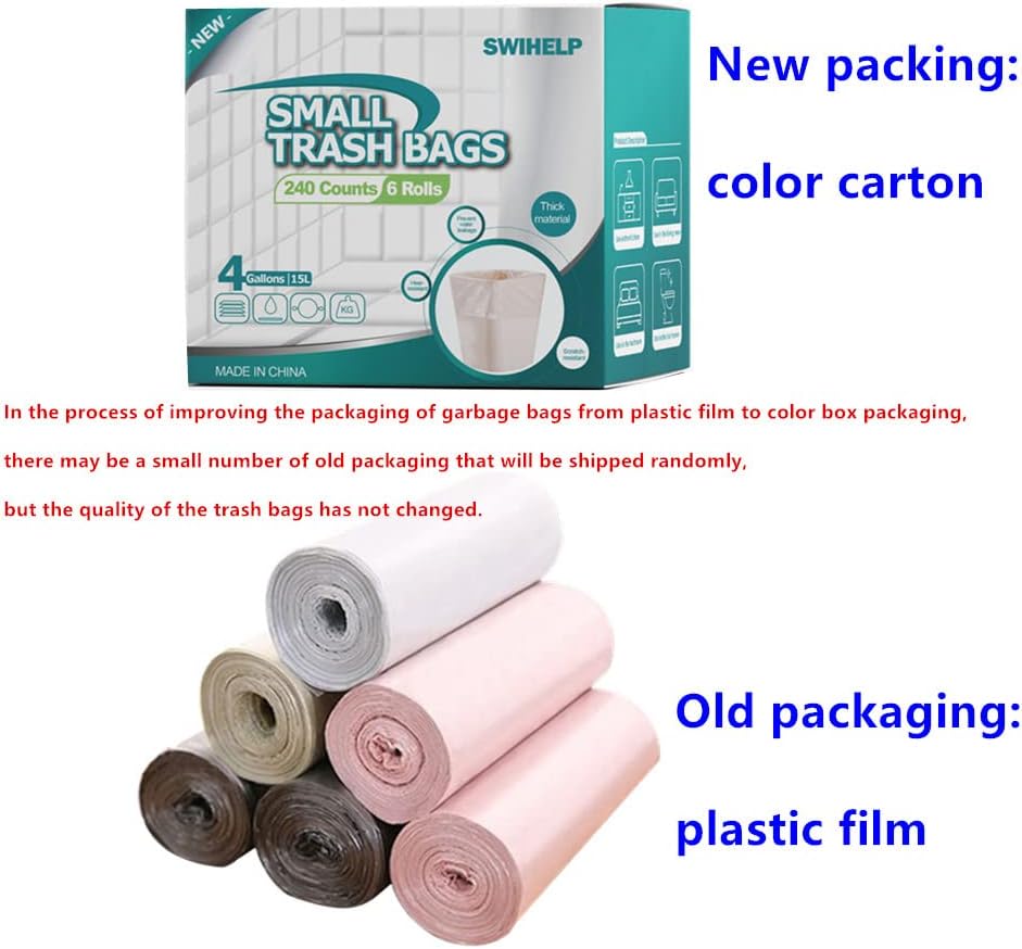 SWIHELP Trash Bags, 4 Gallon / 15 Liters Small Garbage Bags for Office, Kitchen,Bedroom Waste Bin,Colorful Portable Strong Rubbish Bags,Wastebasket Bags 240 Counts