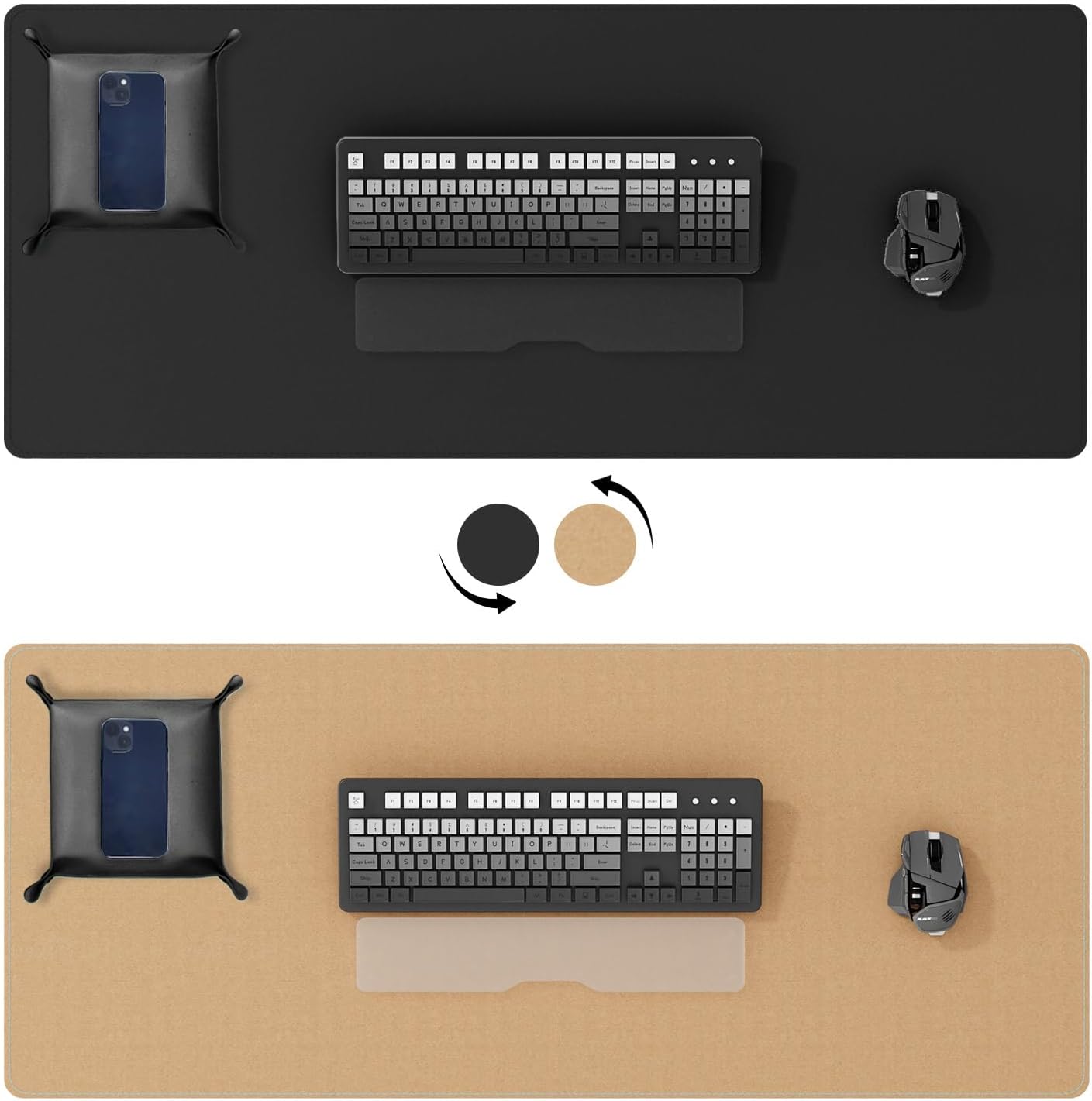 DAWNTREES Dual Sided Desk Mat,Leather Desk Pad,Black 35.5"x17",Cork Desk Mat Protector,with PU Leather Valet Tray Organizer,Large Mouse Pad,Desk Writing Pad for Office and Home